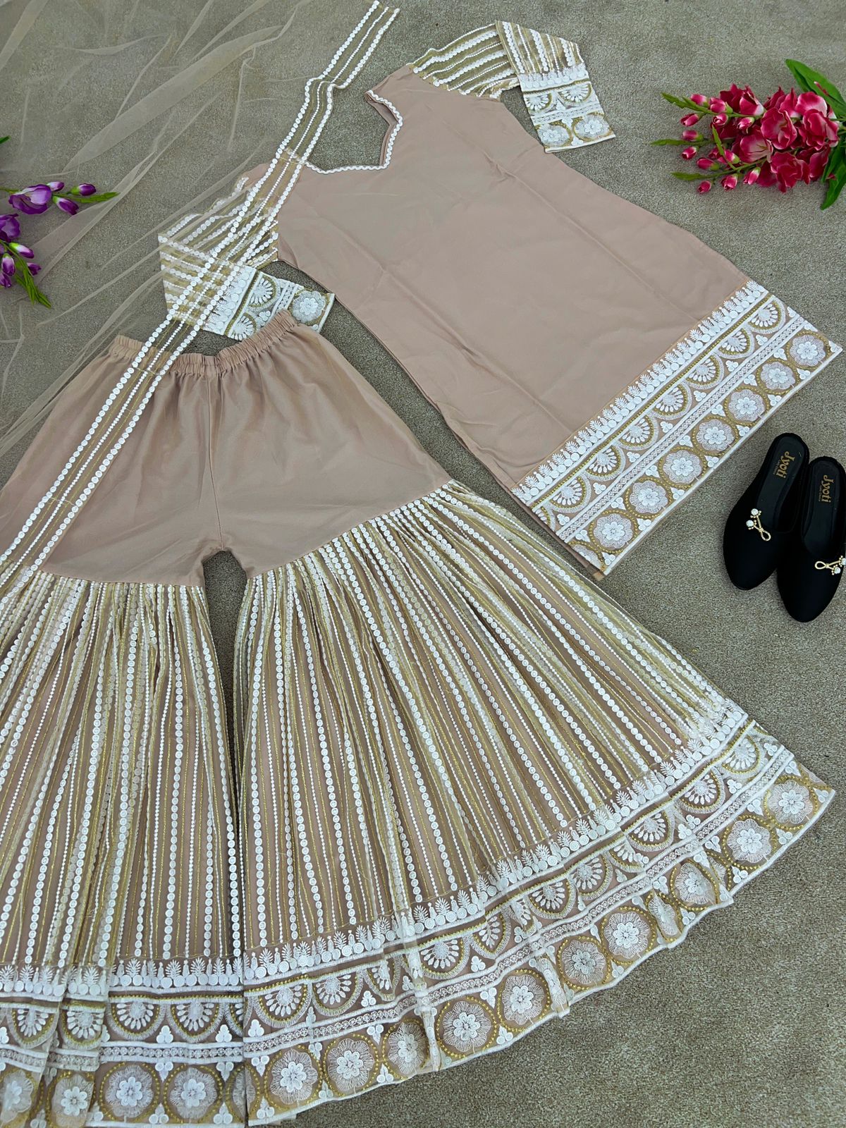 Captivating Beige Color Lakhnavi Cotton Sharara Suit