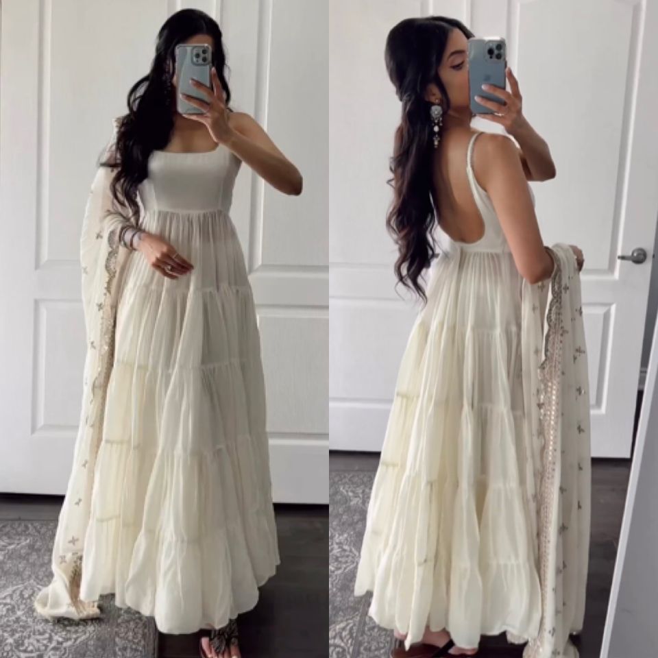 Outstanding White Color Ruffle Anarkali Gown