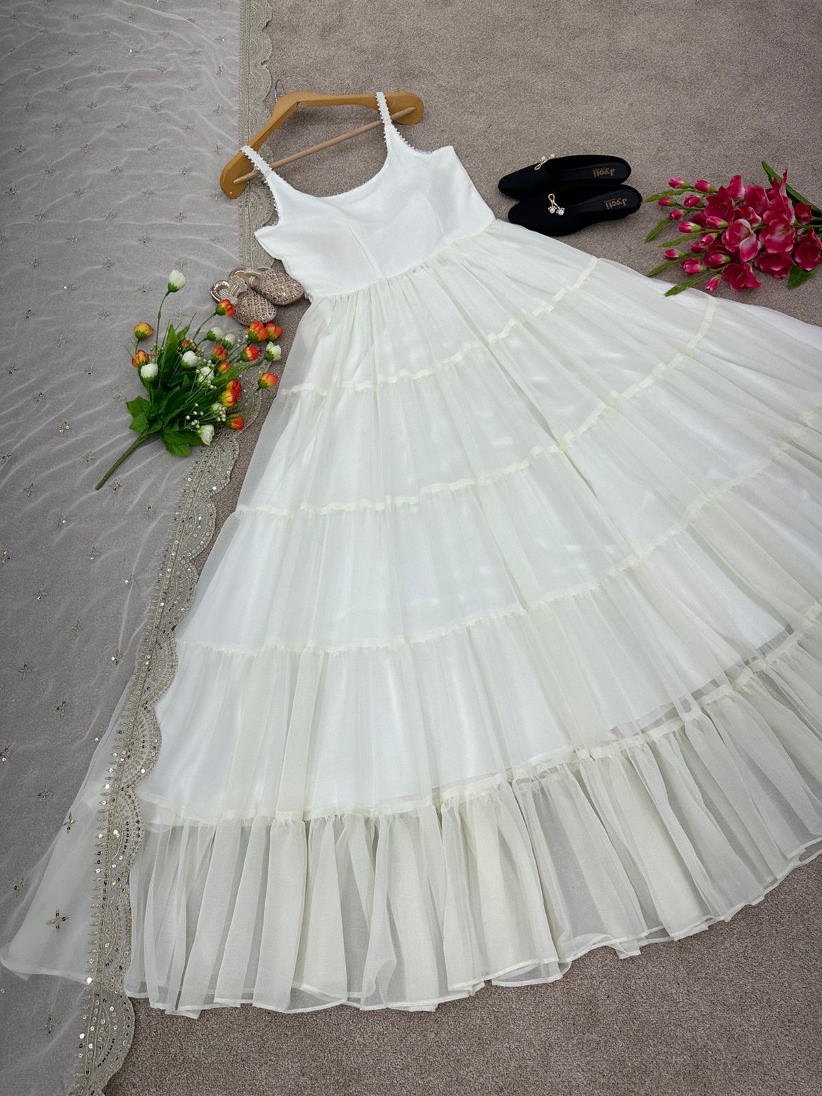 Outstanding White Color Ruffle Anarkali Gown