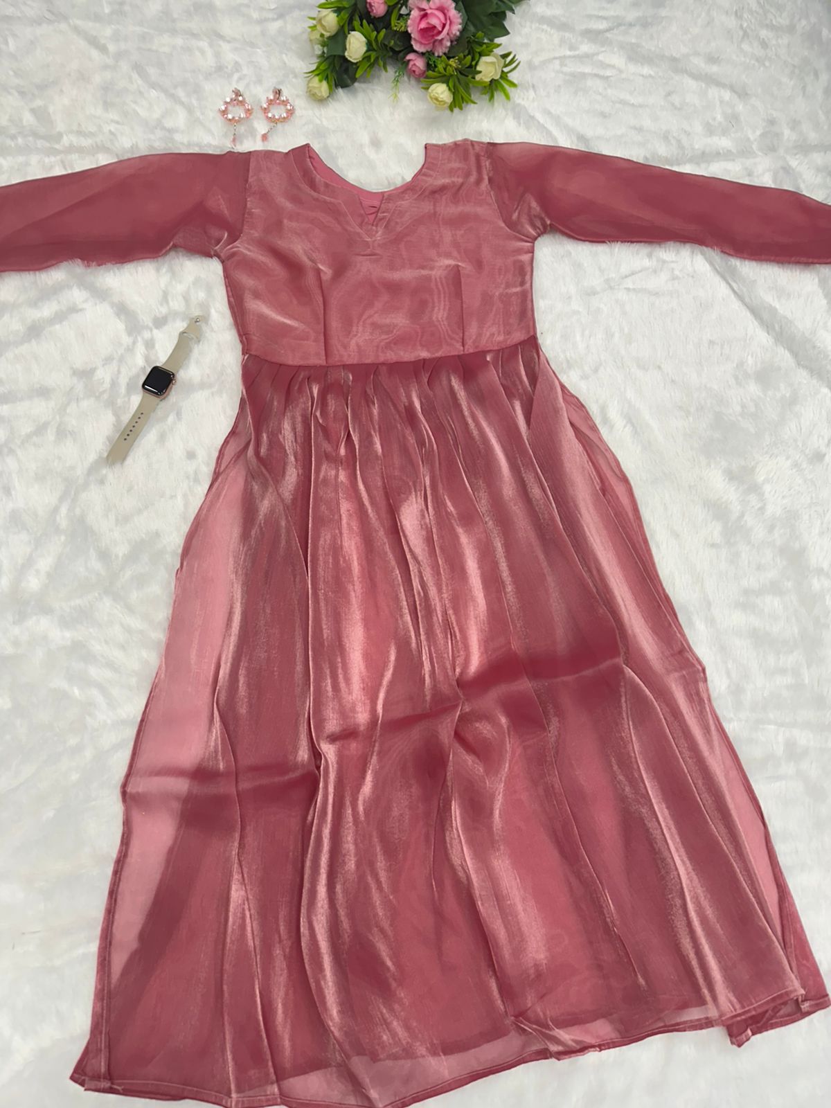 Attractive Dusty Pink Color Organza Kurti Set