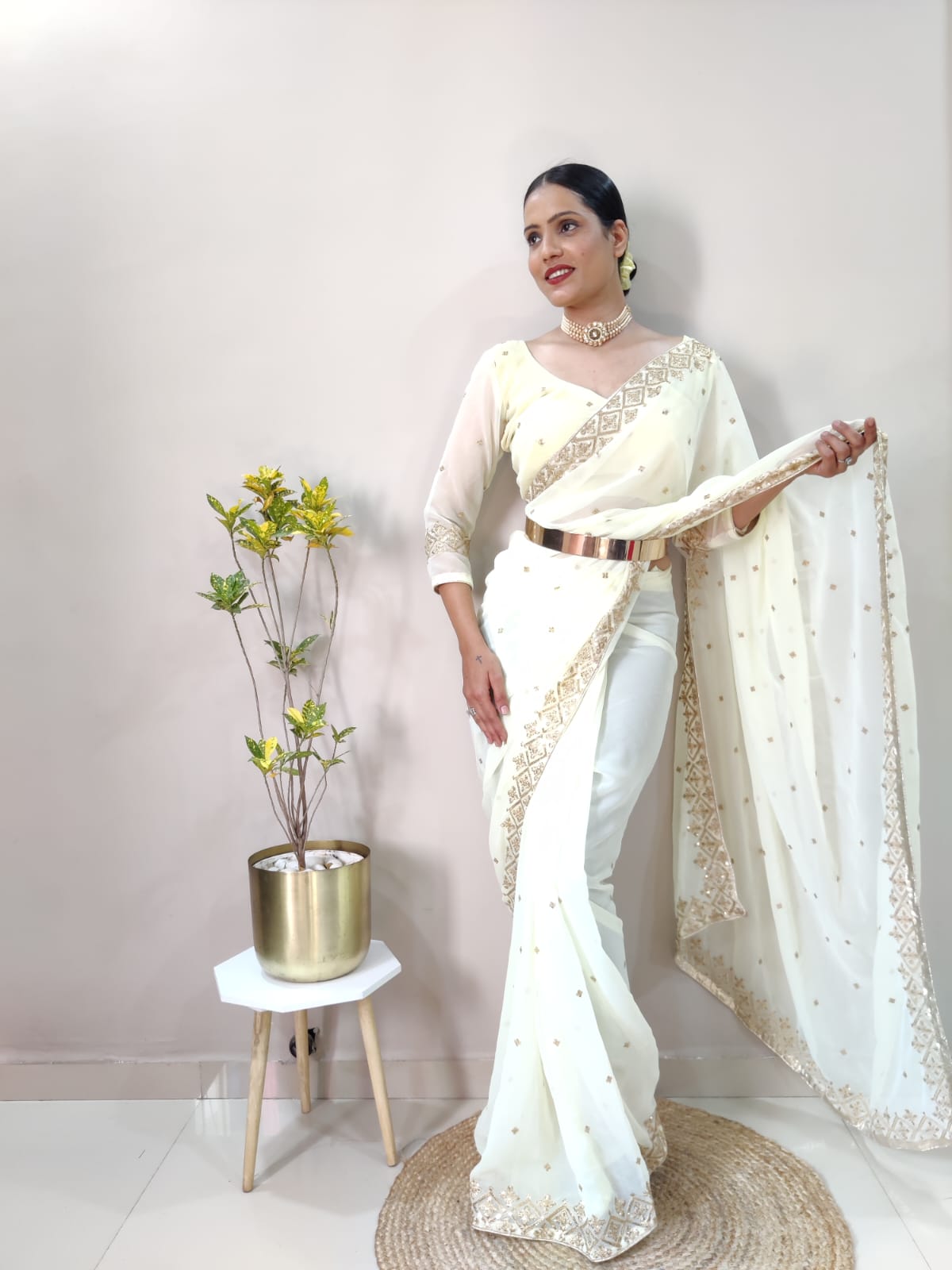 Stunning Ready To Wear White Color Saree