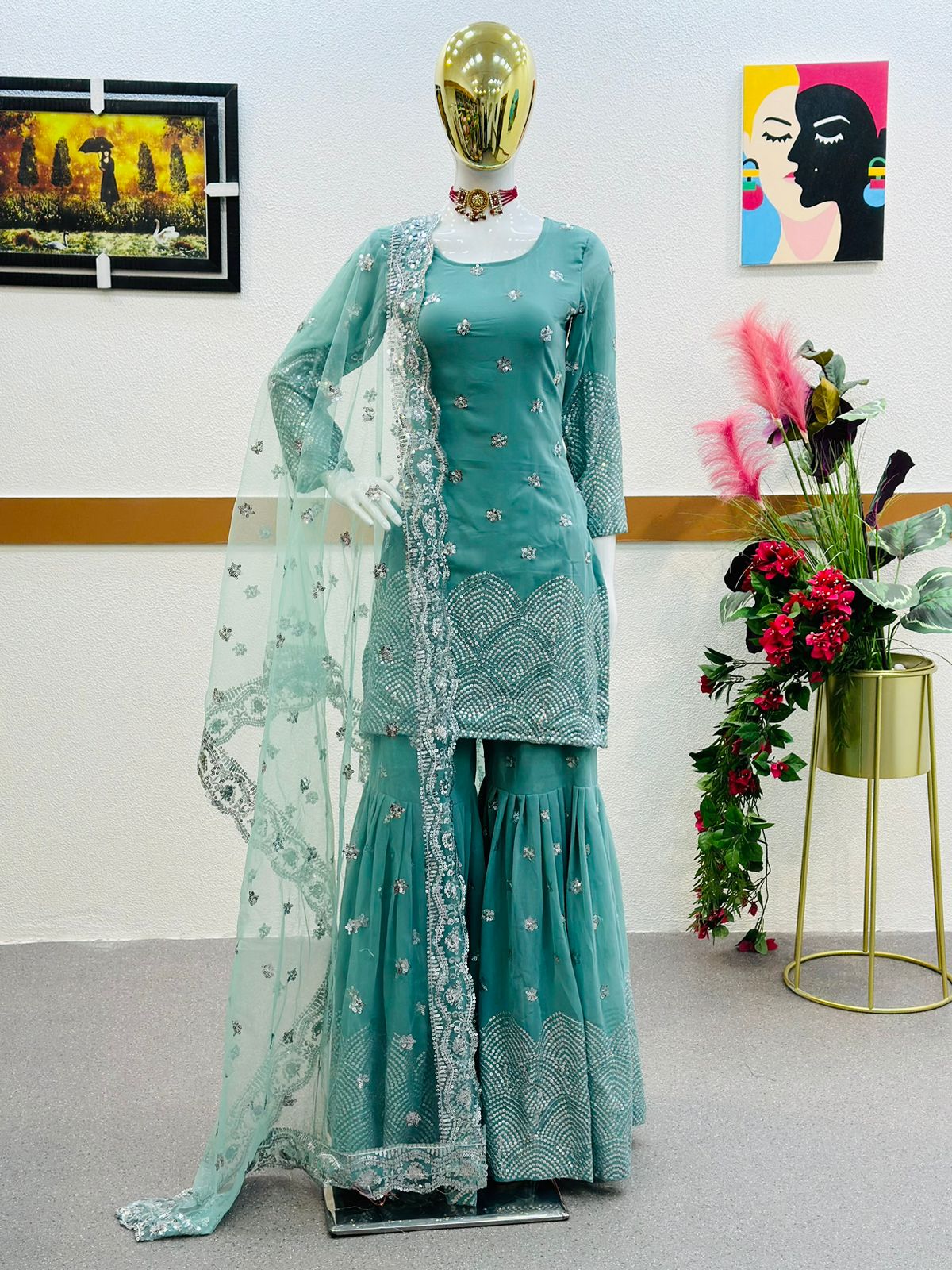 Embellished Aqua Green Color Sequence Work Sharara Suit