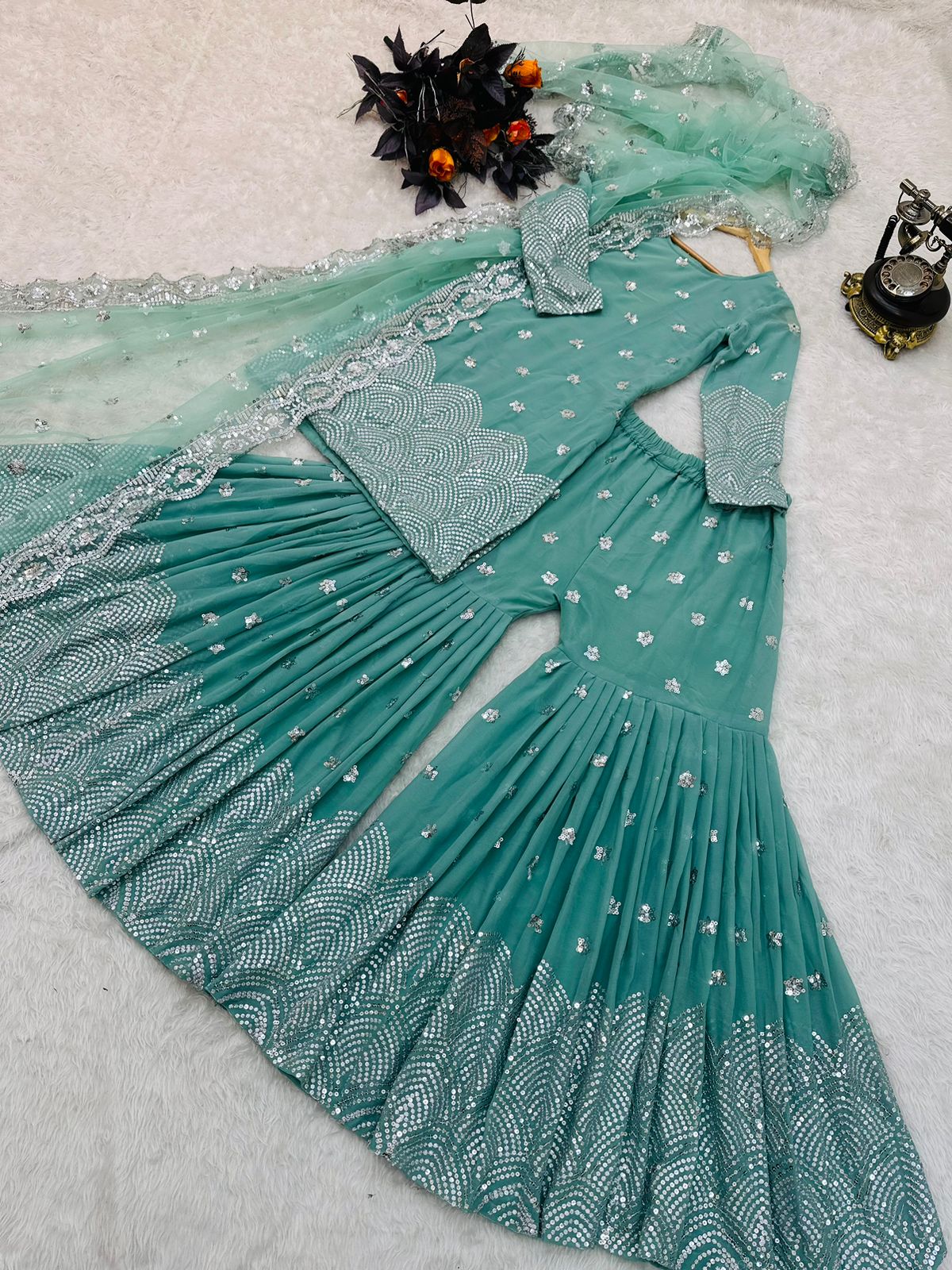 Embellished Aqua Green Color Sequence Work Sharara Suit