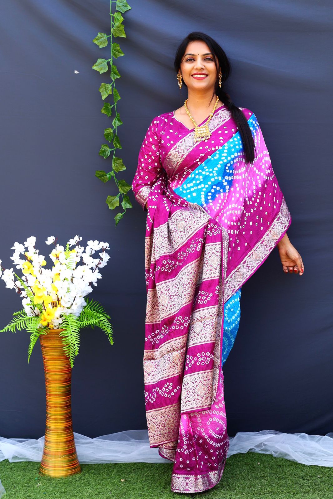 Beautiful Design Border Pink Color Bandhej Silk Saree