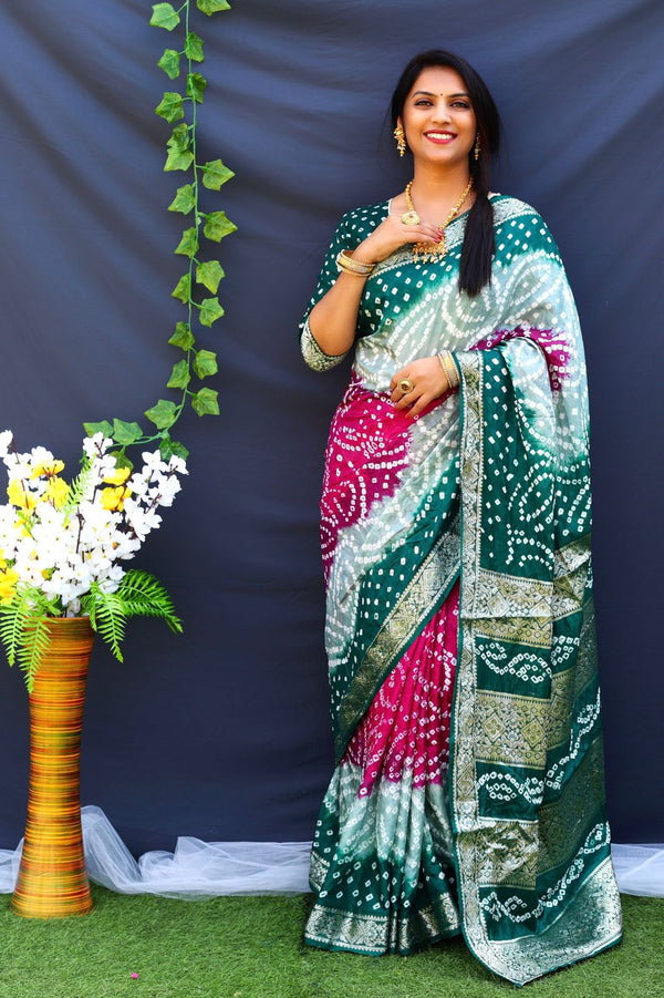 Beautiful Design Border Dark Green Color Bandhej Silk Saree