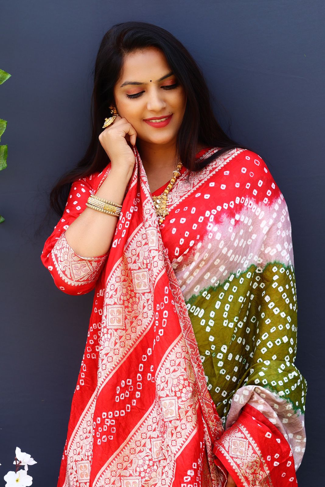 Beautiful Design Border Red Color Bandhej Silk Saree