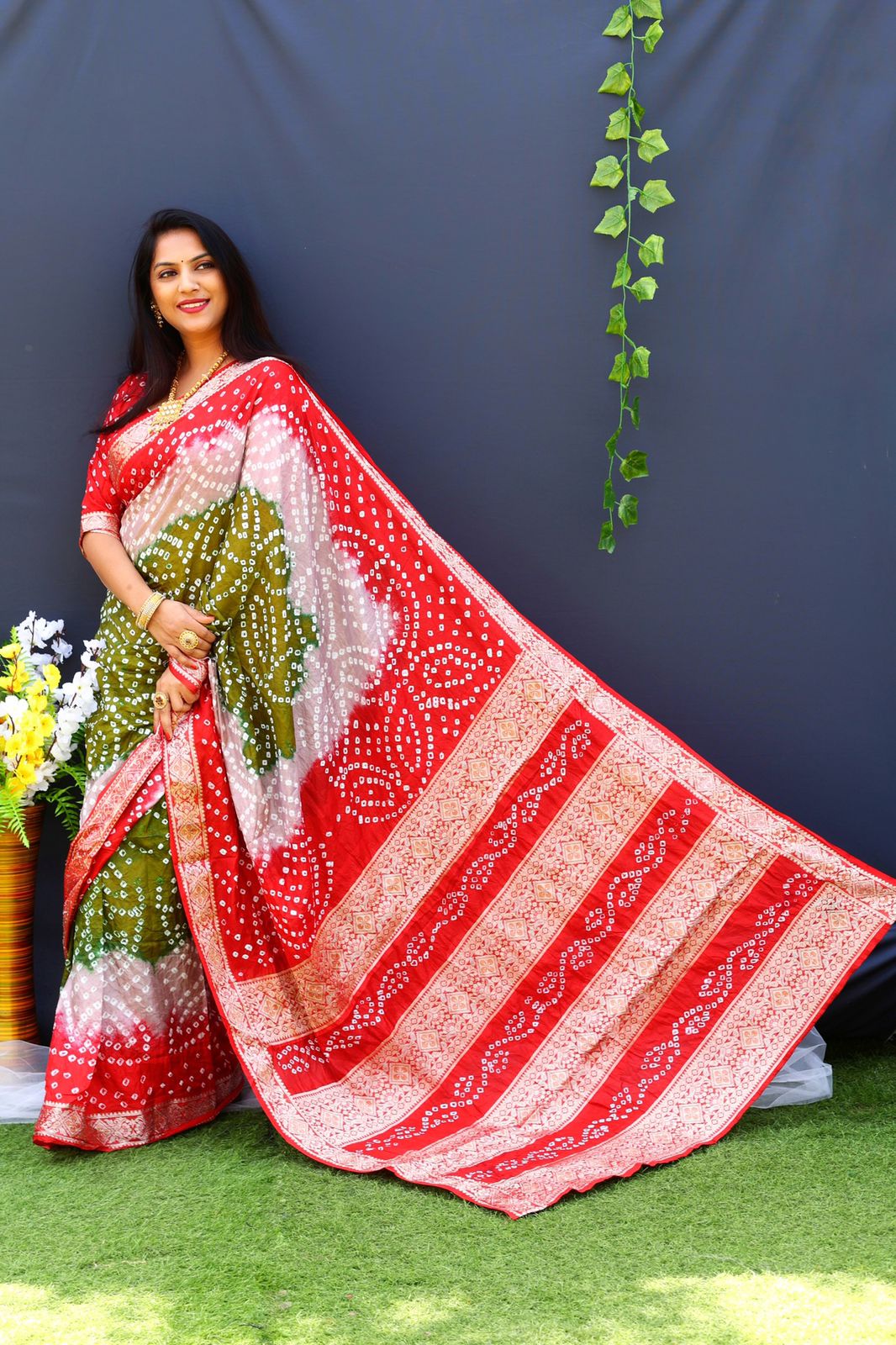 Beautiful Design Border Red Color Bandhej Silk Saree