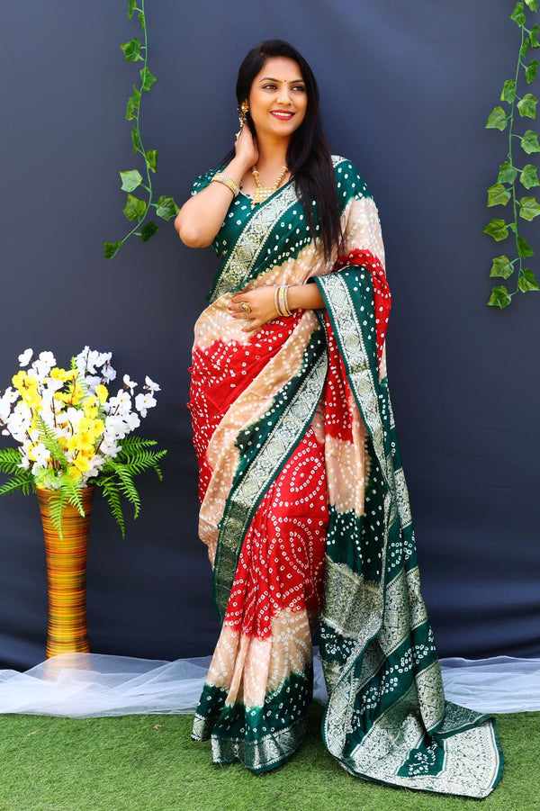 Beautiful Design Border Green And Red Color Bandhej Silk Saree