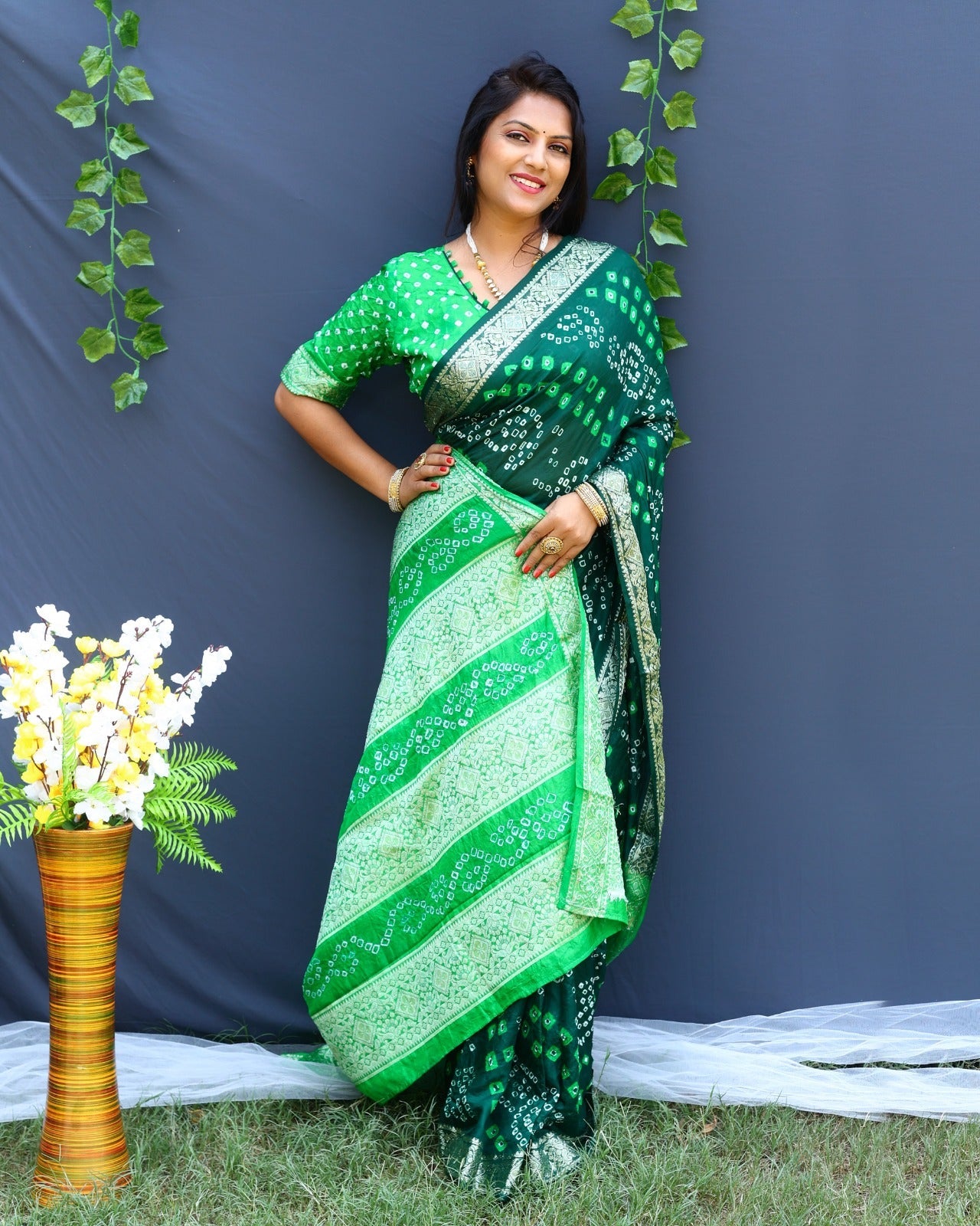 Beautiful Design Border Parrot Green Color Bandhej Silk Saree