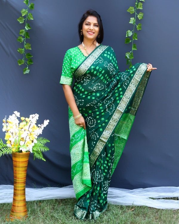 Beautiful Design Border Parrot Green Color Bandhej Silk Saree