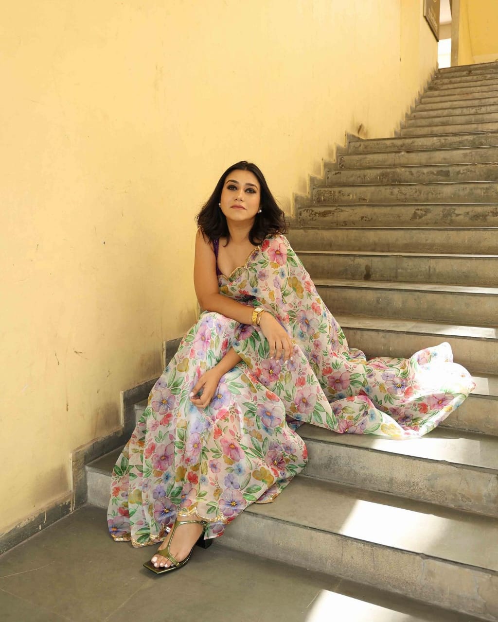 Multi Flower Print and Handwork White Saree