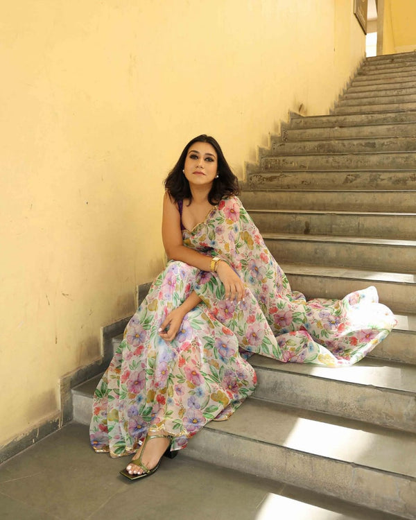 Multi Flower Print and Handwork White Saree