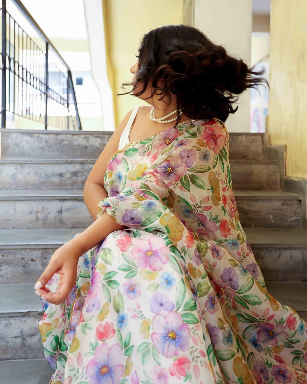 Multi Flower Print and Handwork White Saree