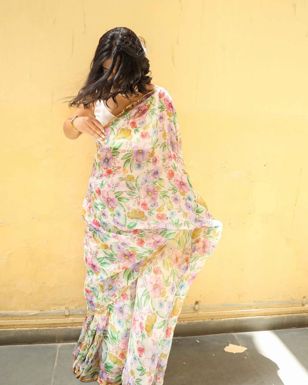 Multi Flower Print and Handwork White Saree