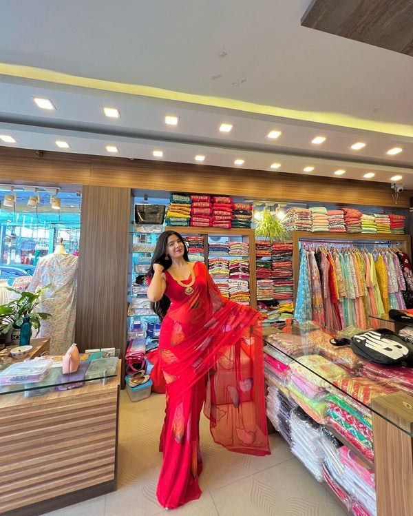 Red Color Sequence Hand Work Georgette Saree