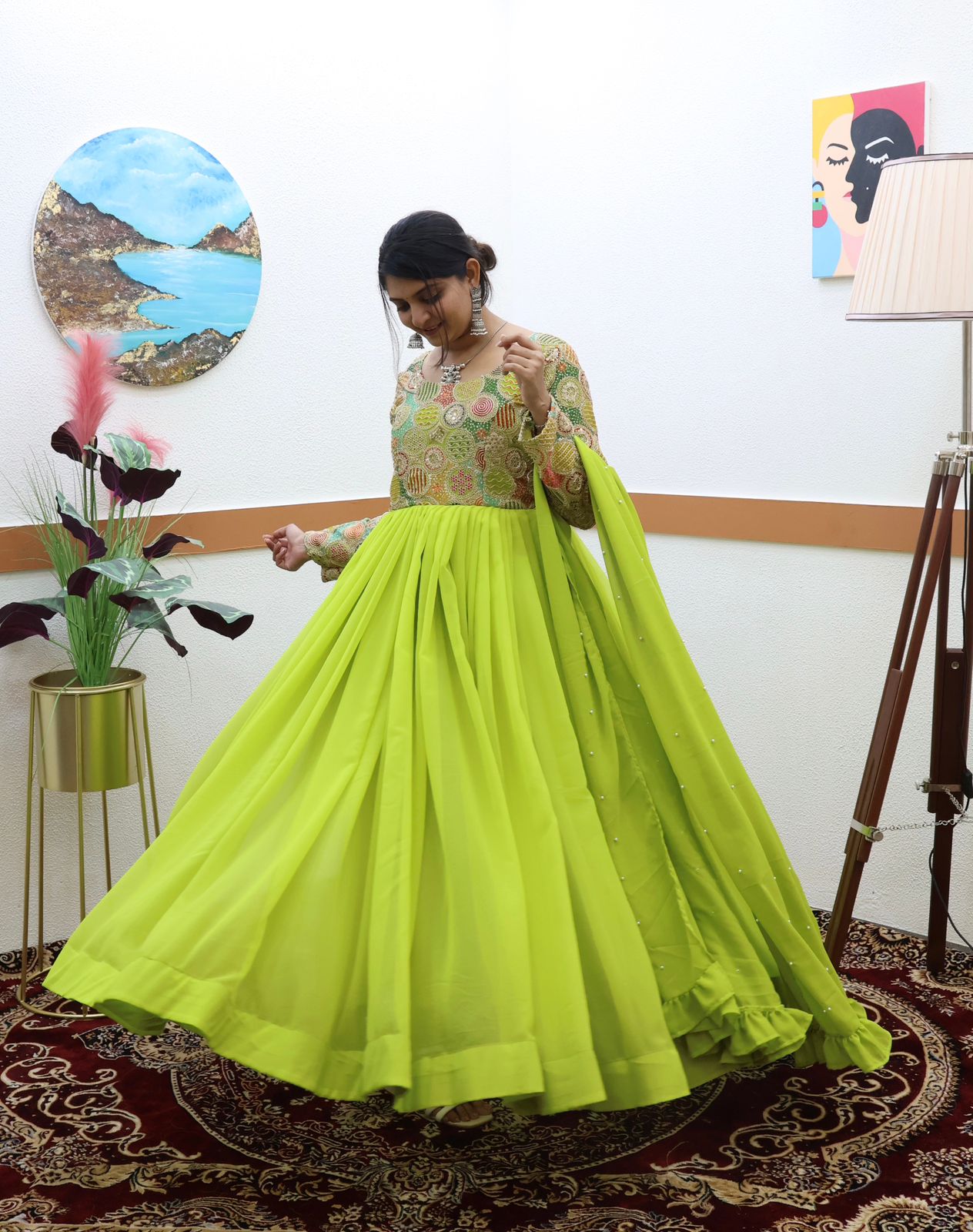 Parrot Green Color Beautiful Thread Work Gown Vastra Shop Parrot Green Color Beautiful Thread Work Gown Vastra Shop