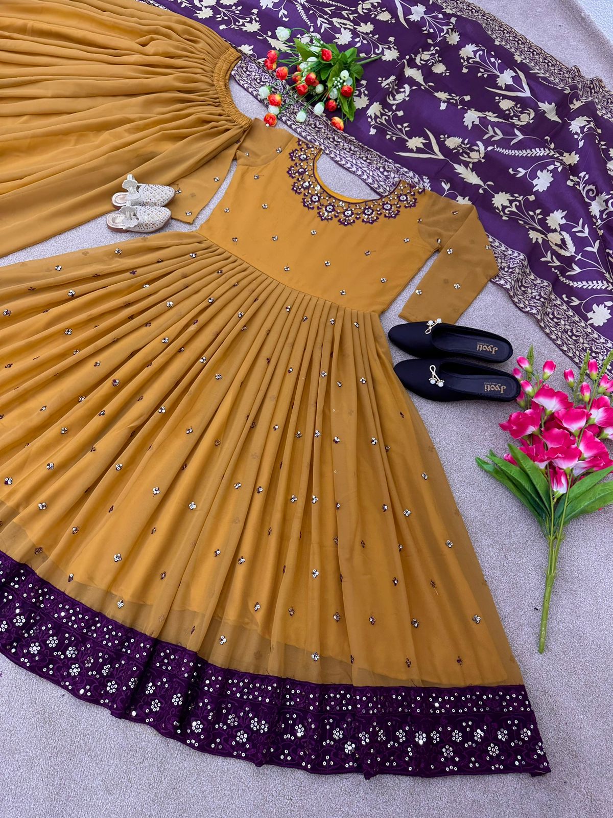 Stunning Mustard Color Full Sleeve Anarkali Top With Palazzo