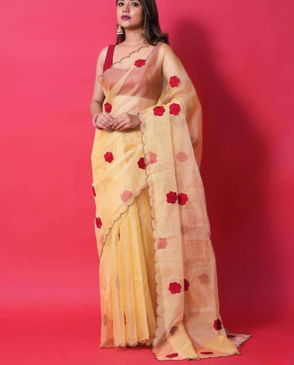 Handwork Yellow Color Organza Silk Saree