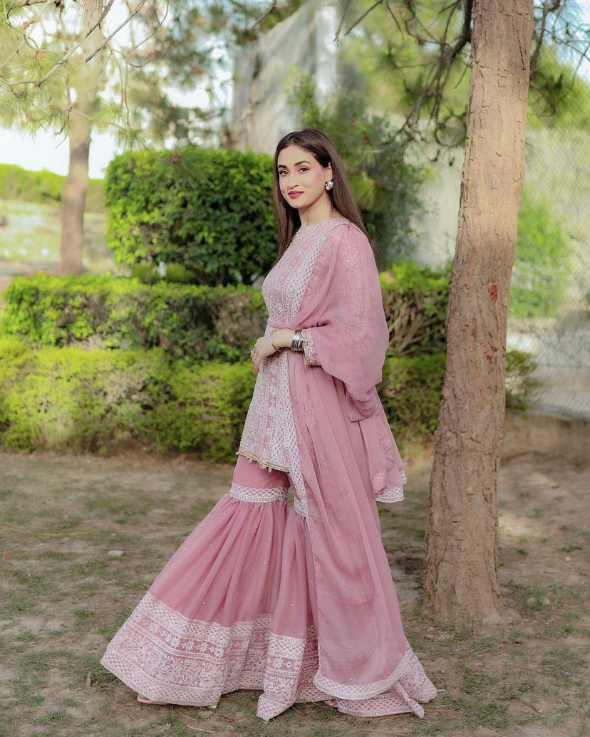 Pretty Light Pink Color Thread Sequence Work Sharara Suit