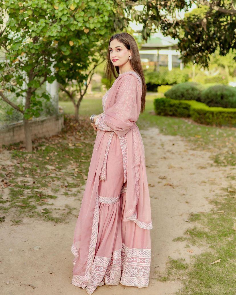 Pretty Light Pink Color Thread Sequence Work Sharara Suit