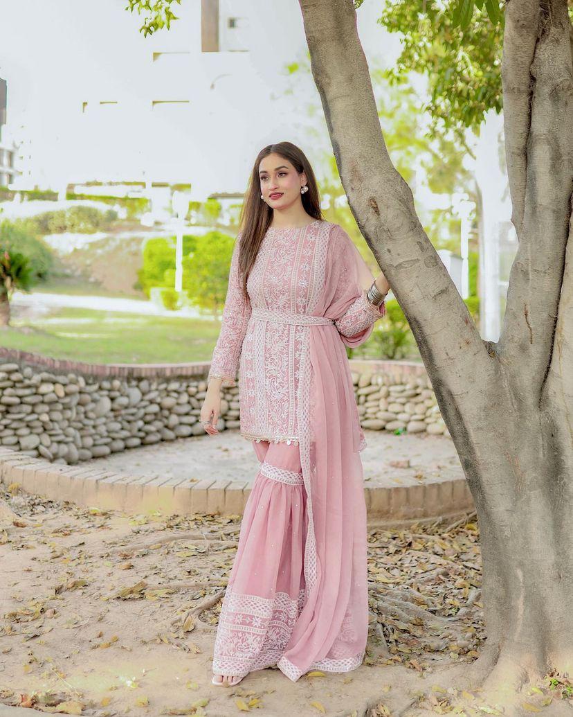 Pretty Light Pink Color Thread Sequence Work Sharara Suit