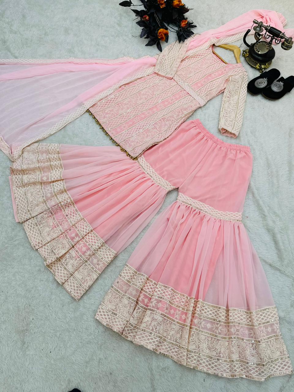 Pretty Light Pink Color Thread Sequence Work Sharara Suit