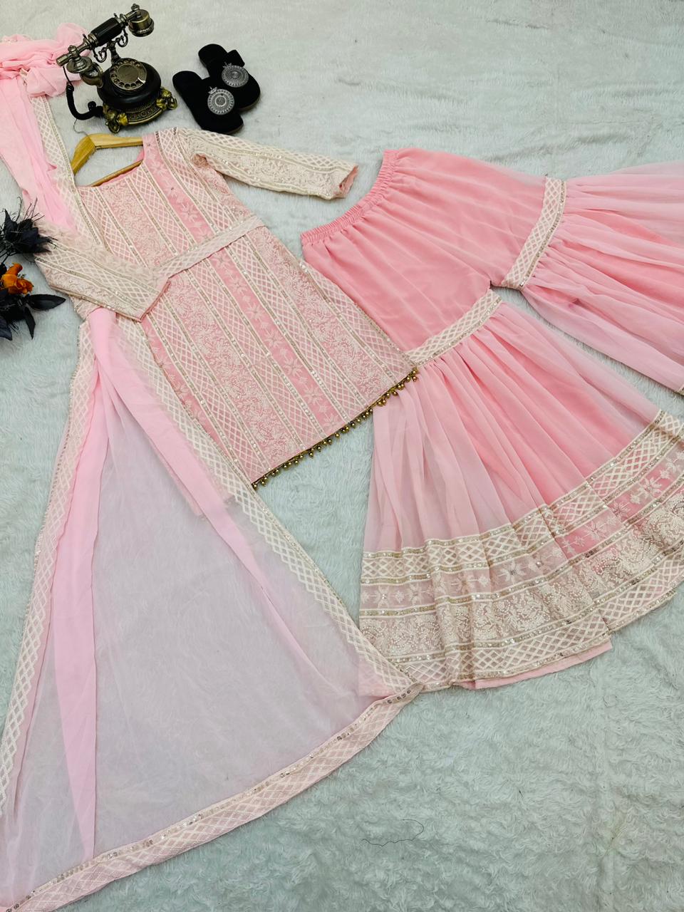 Pretty Light Pink Color Thread Sequence Work Sharara Suit