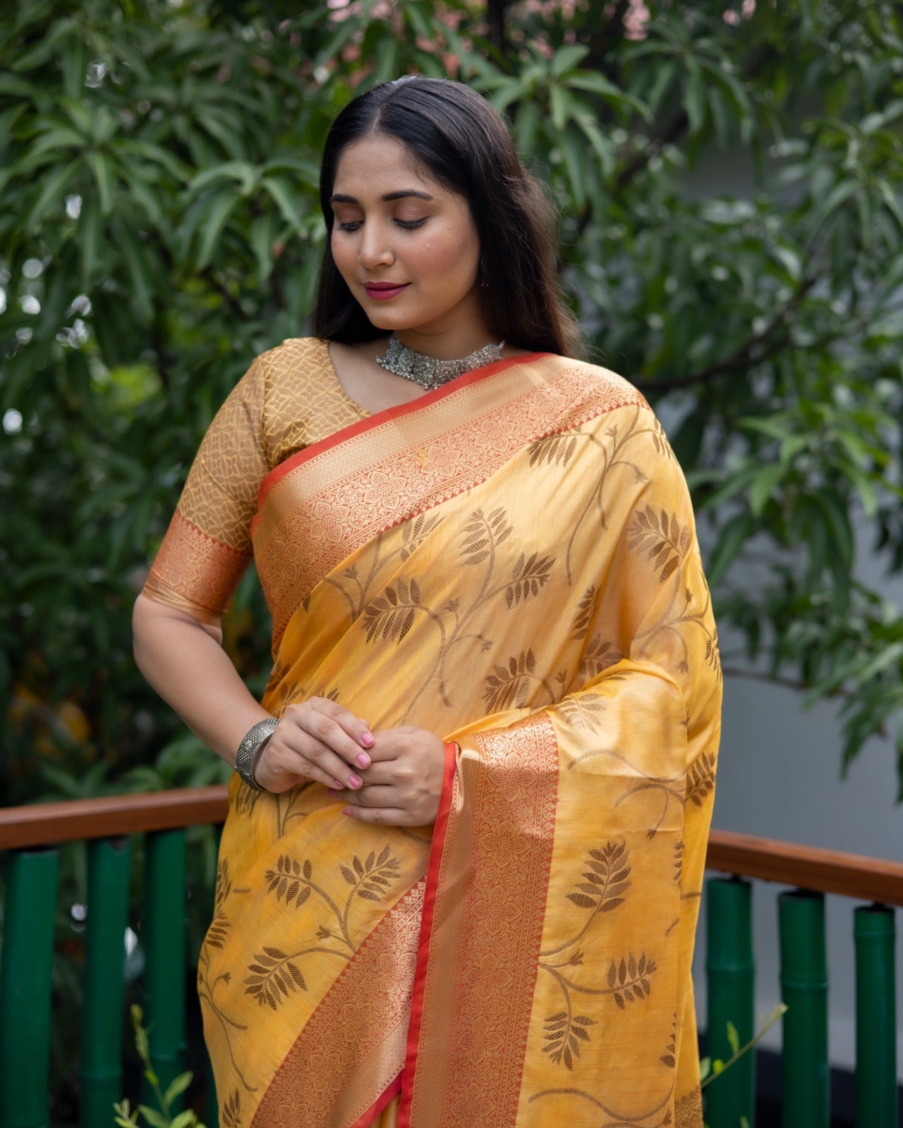 Kanjivaram Pattern Yellow Color Banarasi Silk Saree