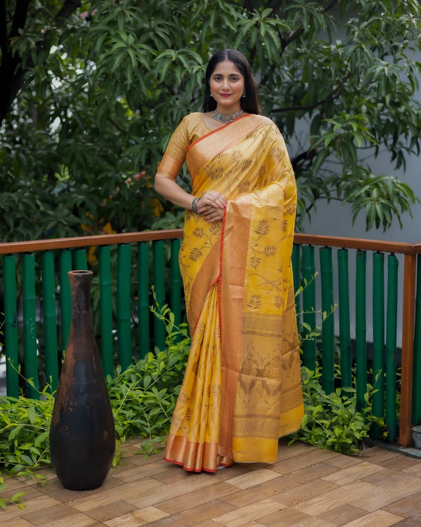 Kanjivaram Pattern Yellow Color Banarasi Silk Saree