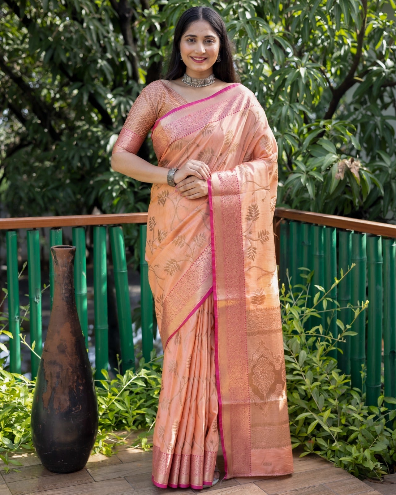 Kanjivaram Pattern Peach Color Banarasi Silk Saree