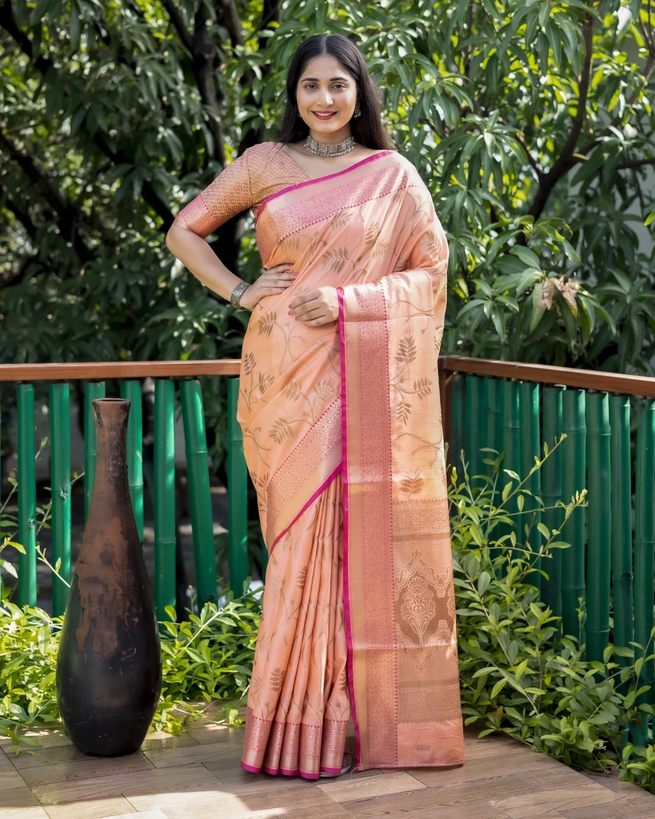 Kanjivaram Pattern Peach Color Banarasi Silk Saree