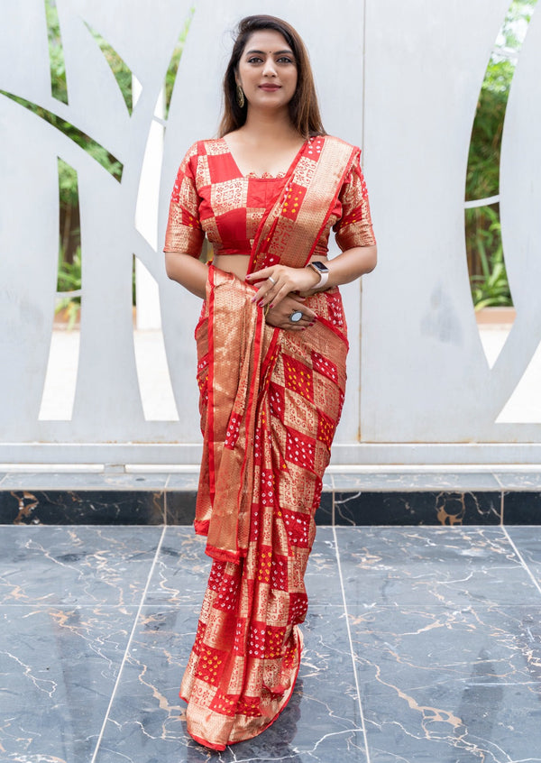 Red Color Original Bandhni Zari Weaving Border Saree