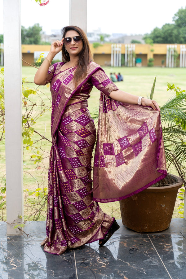 Wine Color Original Bandhni Zari Weaving Border Saree