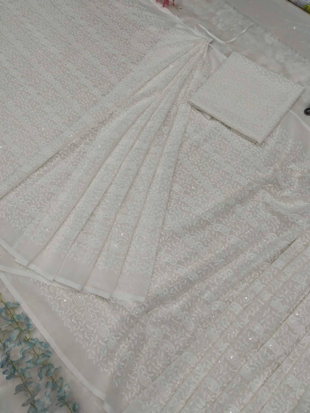 Chikankari Work White Color Ready To Wear Saree