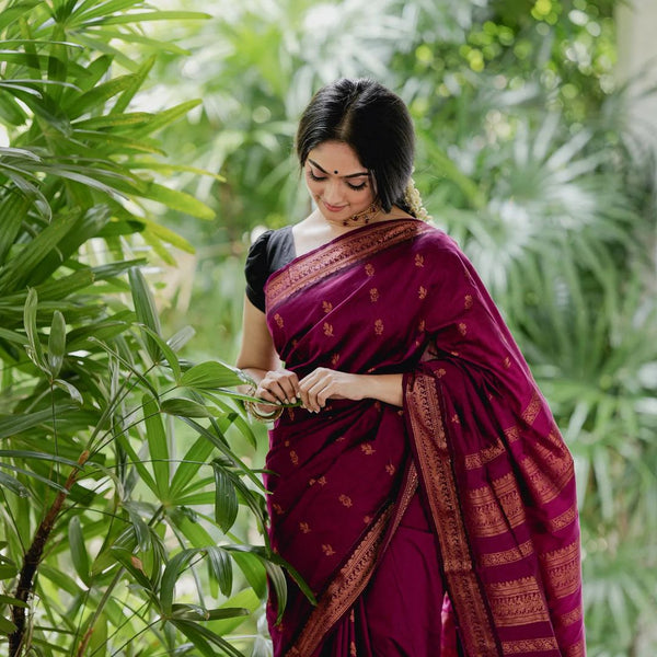 Very Nice Coper Jari Design Wine Color Silk Saree
