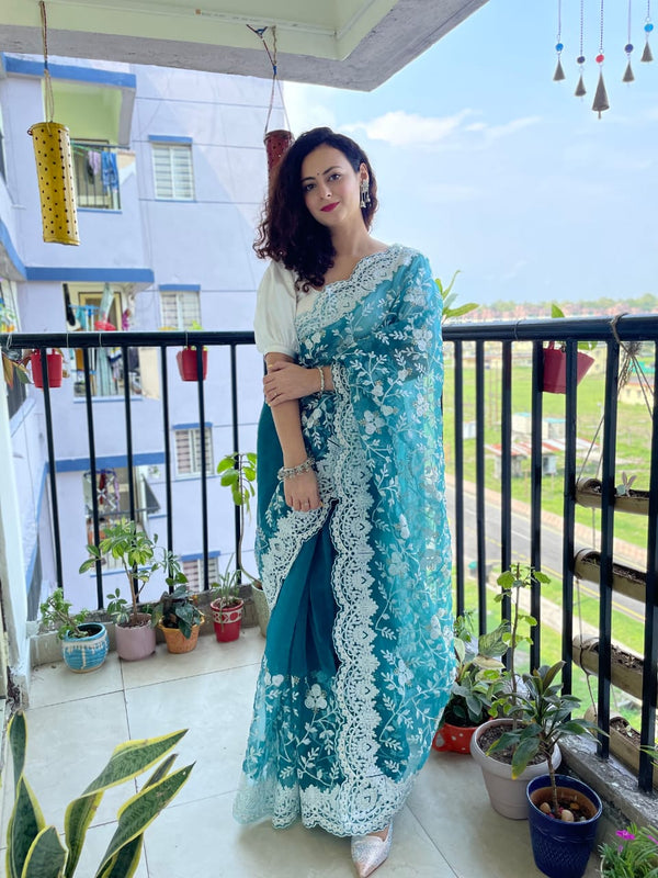 Elegant Thread Work Teal Blue Color Organza Silk Saree
