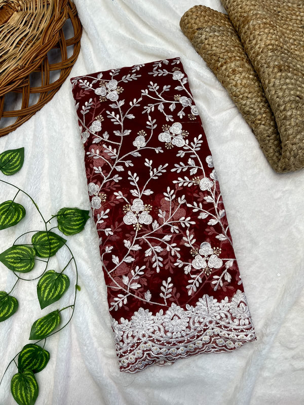 Elegant Thread Work Maroon Color Organza Silk Saree