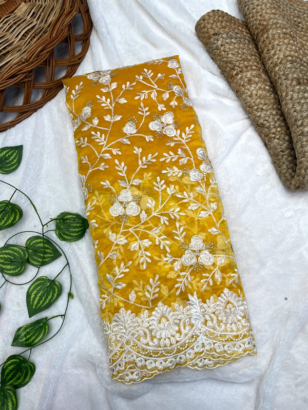 Elegant Thread Work Yellow Color Organza Silk Saree