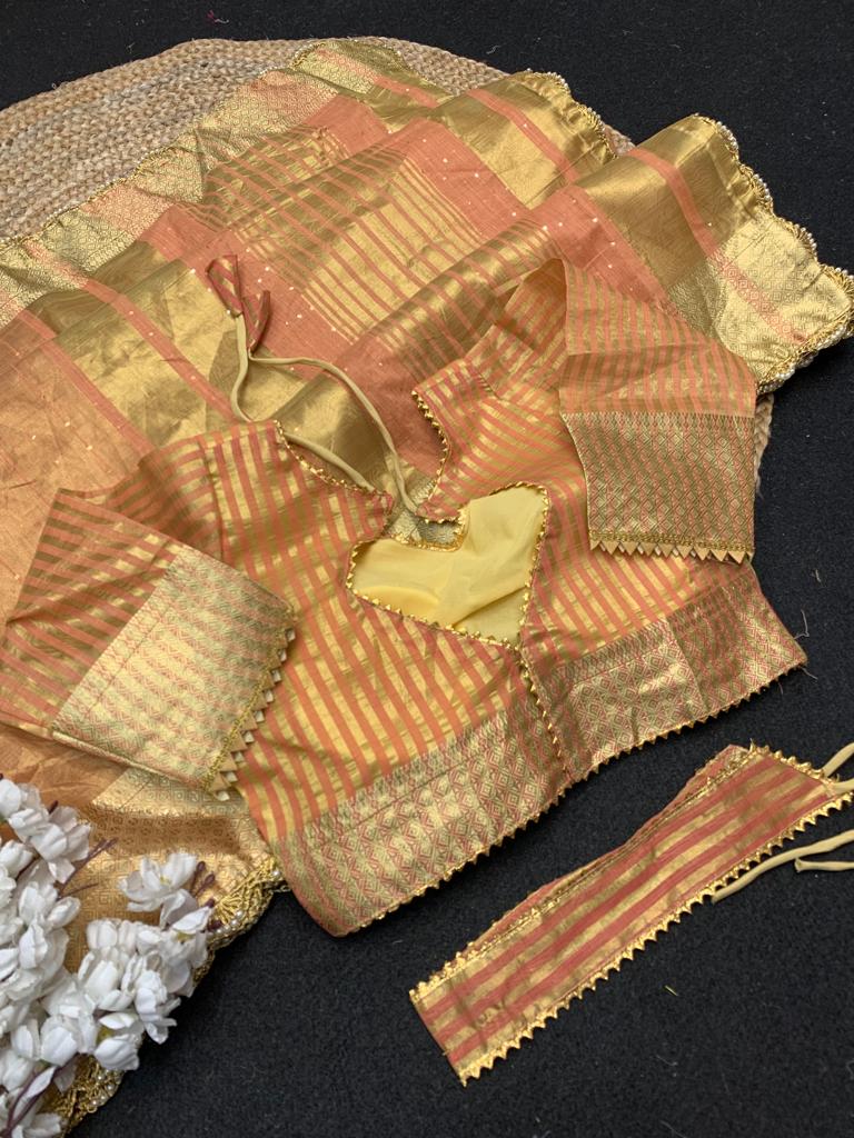 Peach Color Zari Weaving Cotton Silk Saree
