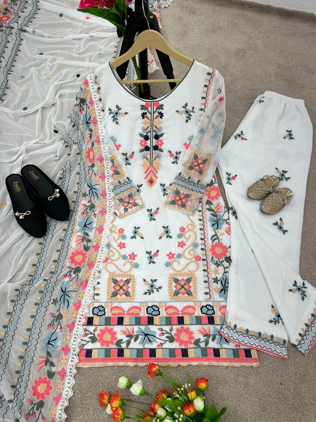 Alluring White Color Embroidery Cotton Tread Work Suit