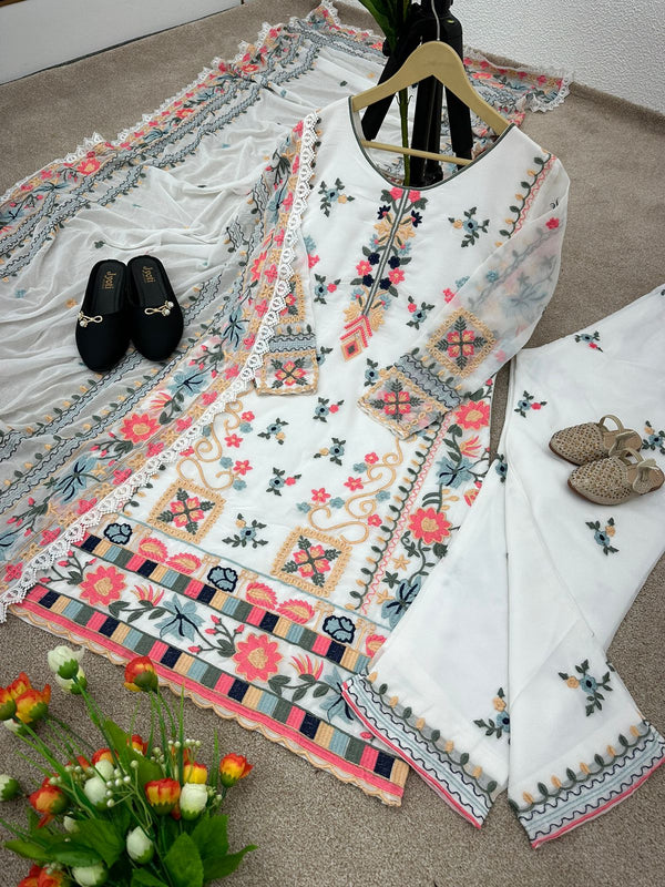 Alluring White Color Embroidery Cotton Tread Work Suit