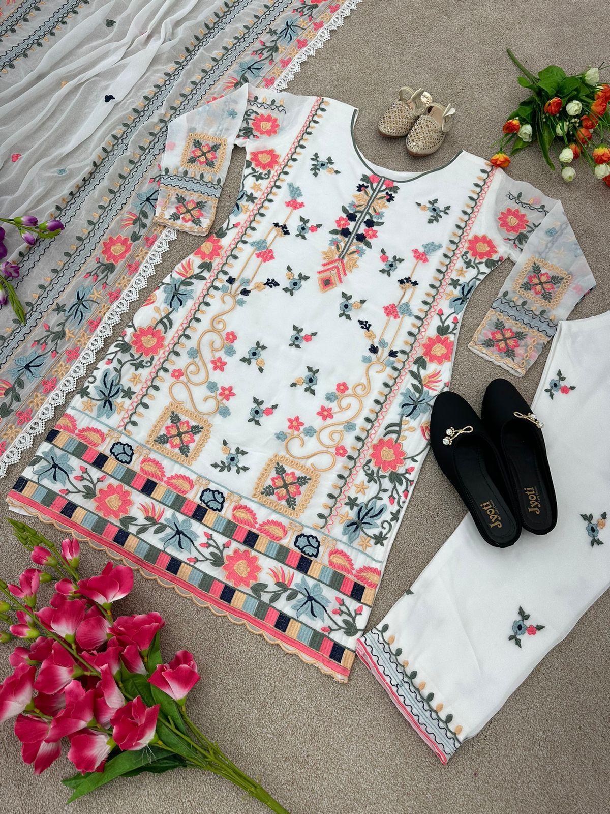 Alluring White Color Embroidery Cotton Tread Work Suit