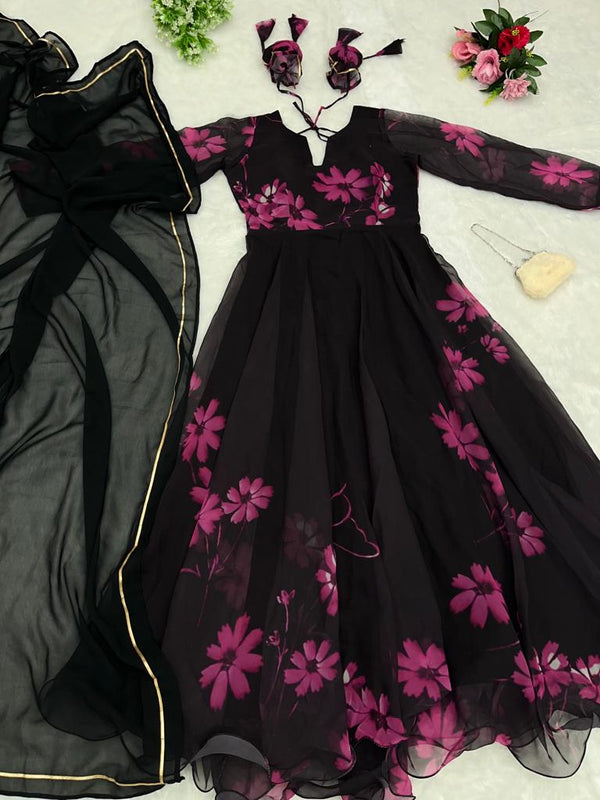 Black Color Flower Printed Pretty Gown