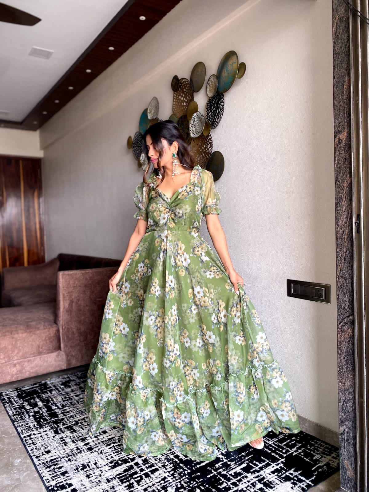 Demanding Pista Green Color Organza Maxi Gown