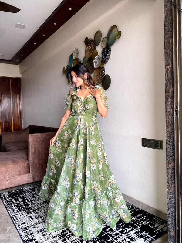 Demanding Pista Green Color Organza Maxi Gown