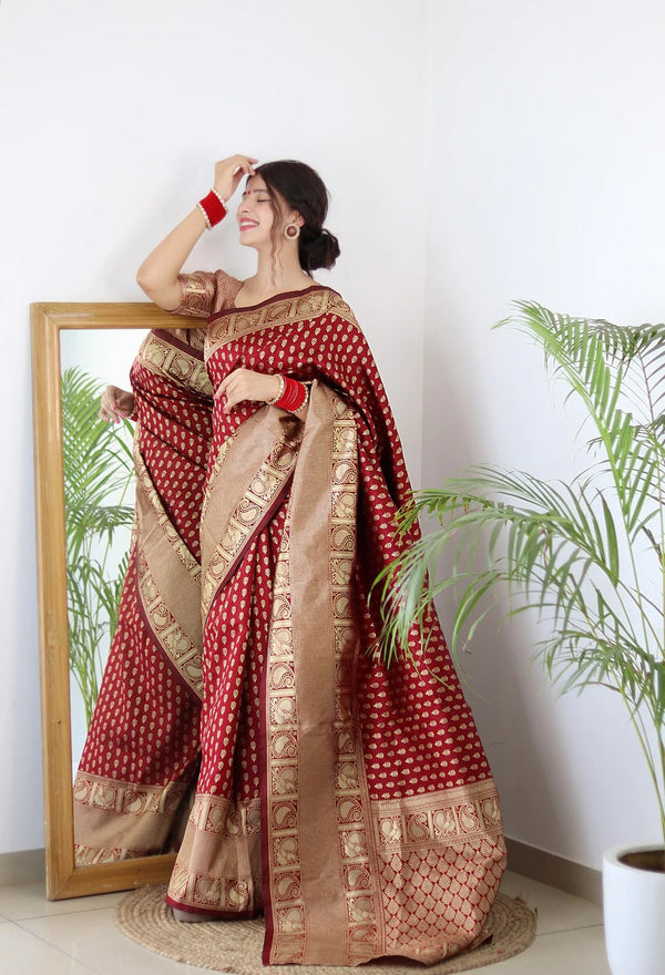 Demanding Maroon Color Golden Jari Design Saree