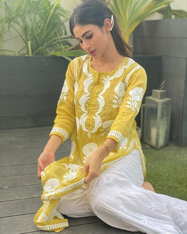 Pretty Chine Stitch Work Yellow Color Rayon Sharara Suit