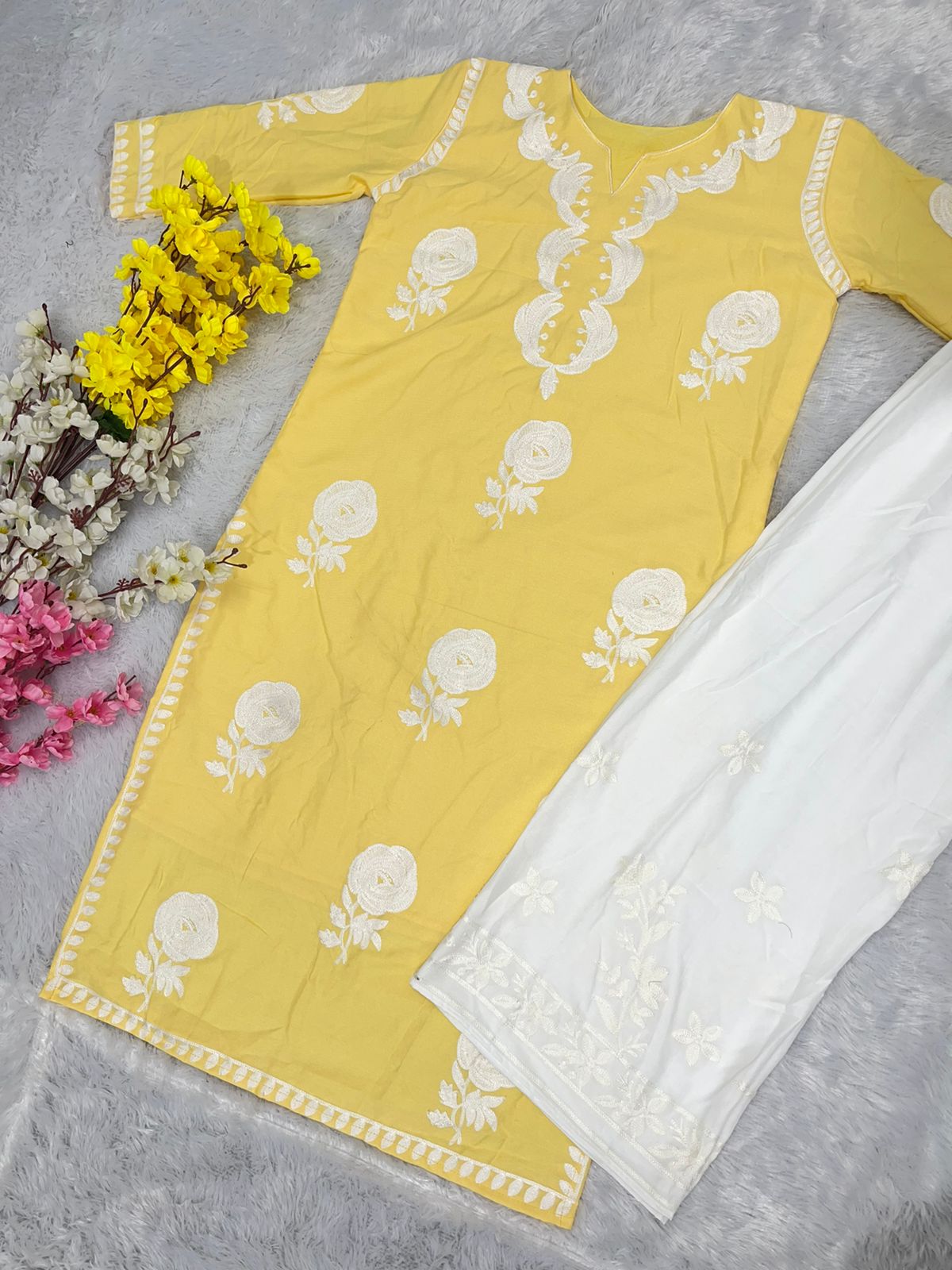 Pretty Chine Stitch Work Yellow Color Rayon Sharara Suit