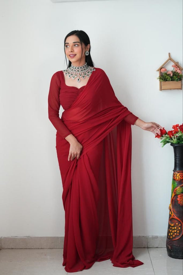 Plain Maroon Color Ready To Wear Georgette Saree