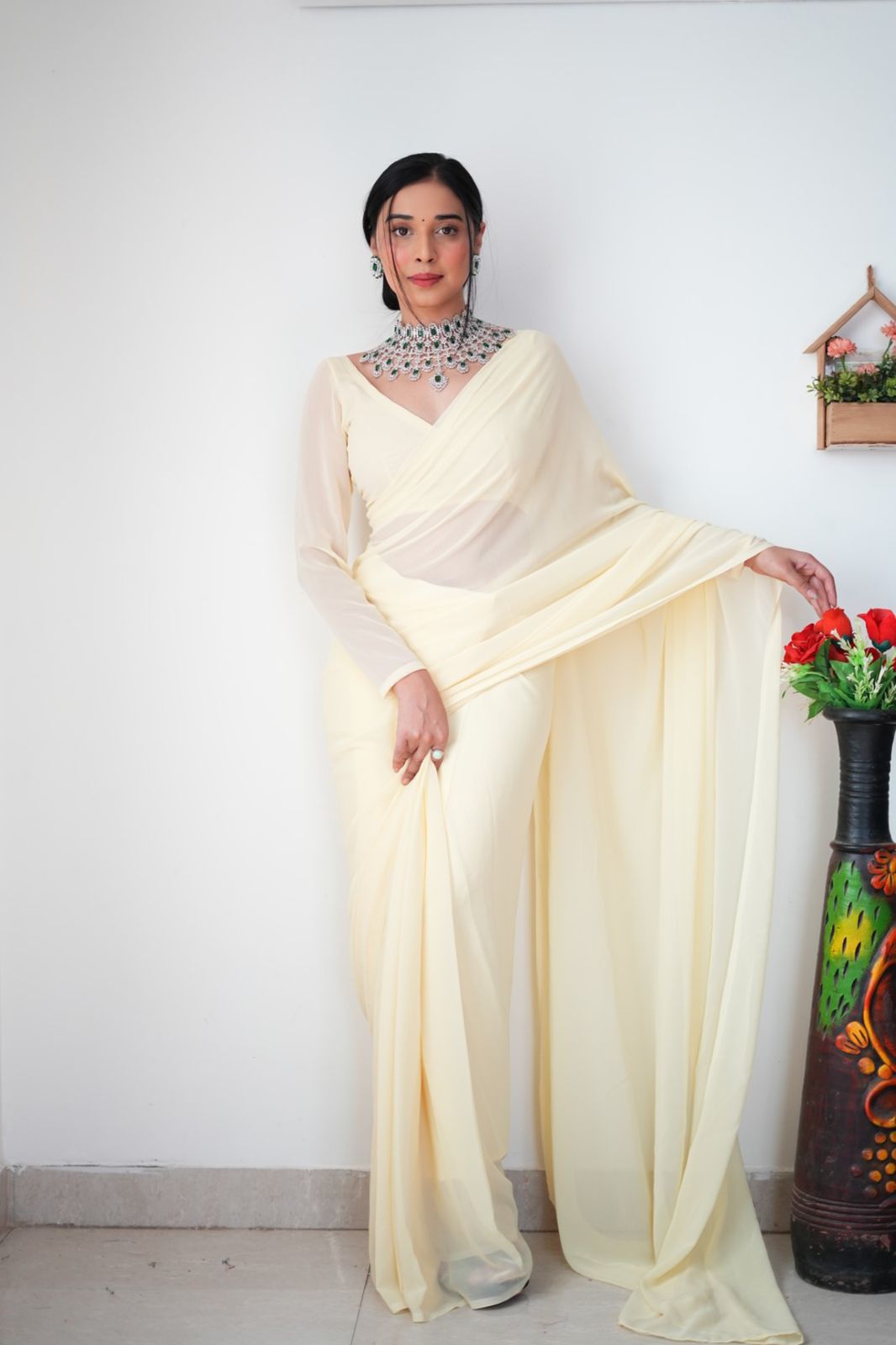 Plain Ceram Color Ready To Wear Georgette Saree